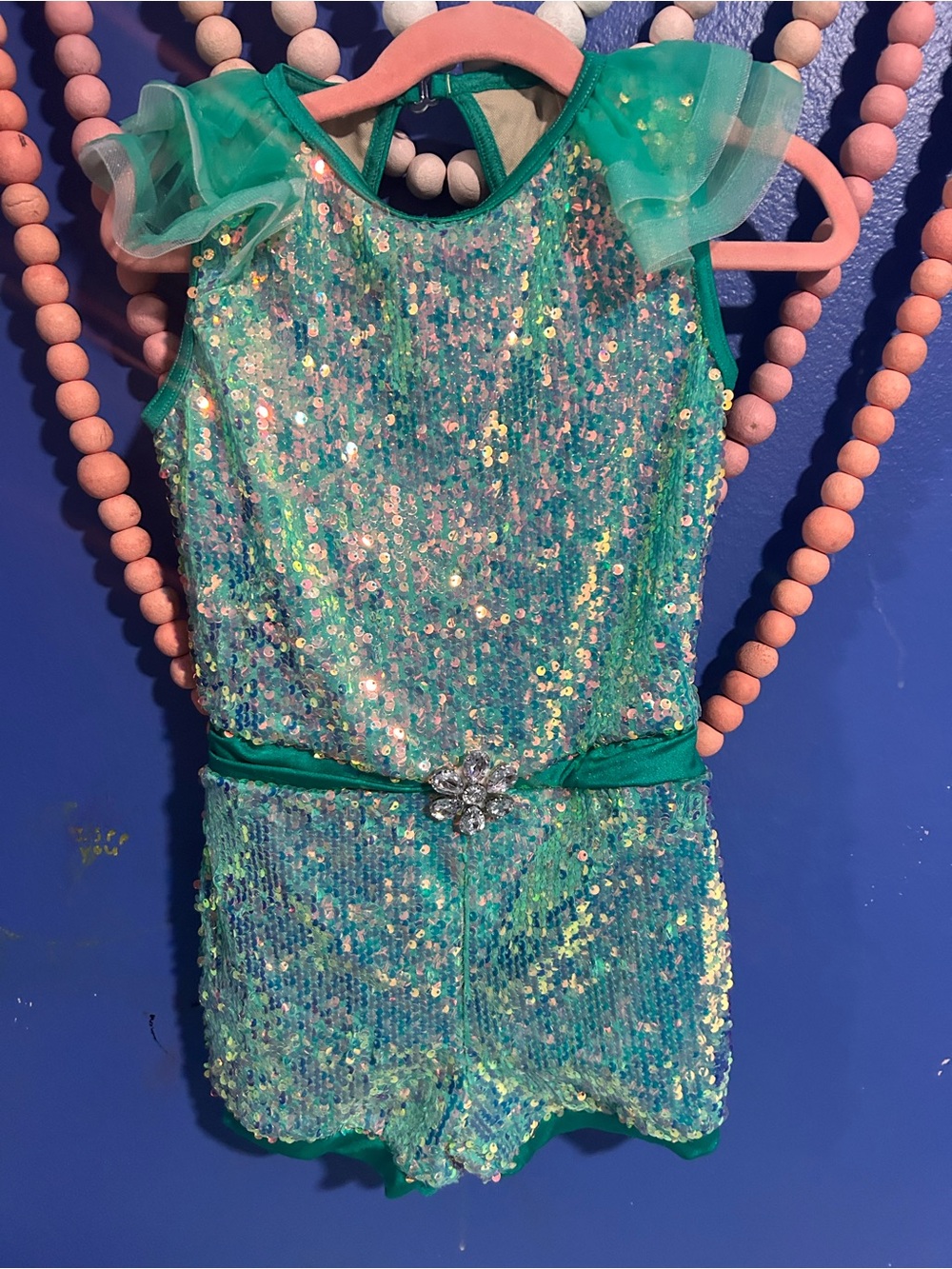 Kids Iridescent Teal Sequin Costume with Floral Belt